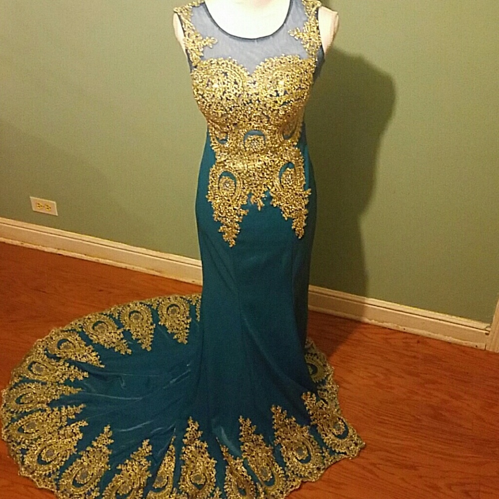 Turquoise and gold formal gown